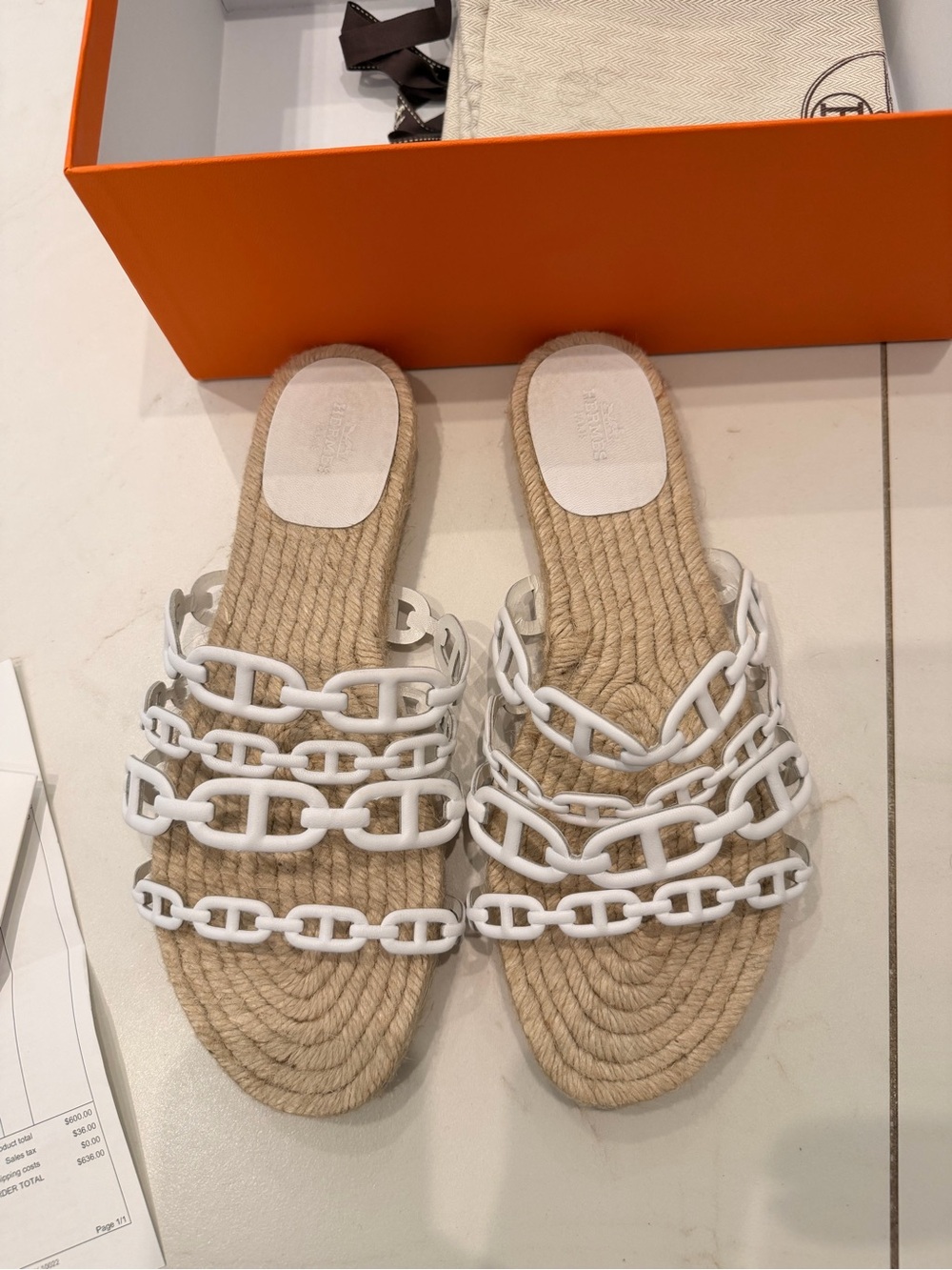 Hermes ancone espadrille, White Chain-Strap Slides